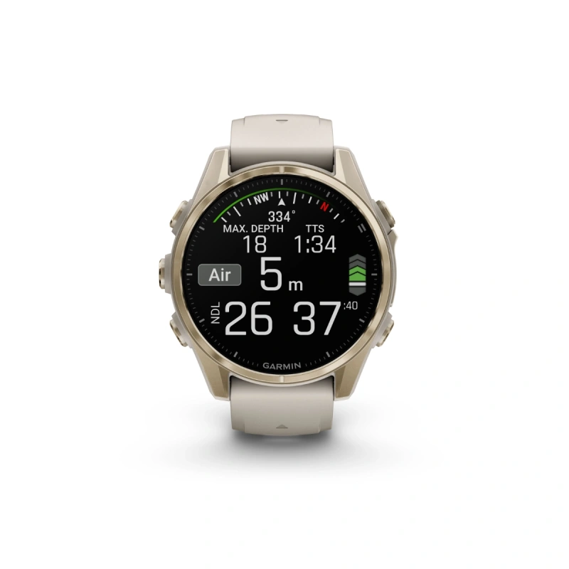 Garmin Fenix 8 - 43 мм AMOLED | Sapphire | Soft Gold with Fog grey/dark sandstone silicone band