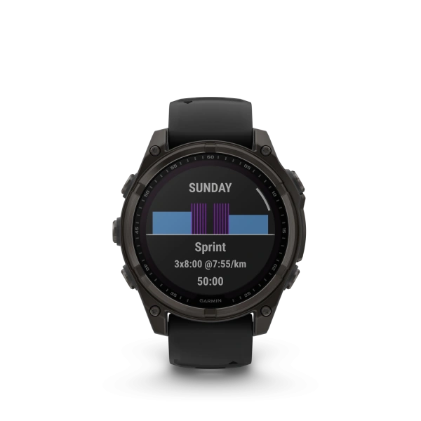 Garmin Fenix ​​8 – 47 мм – титановый корпус Solar Sapphire Carbon Grey DLC с ремешком черно/серого цвета 010-02906-11 от прозводителя Garmin